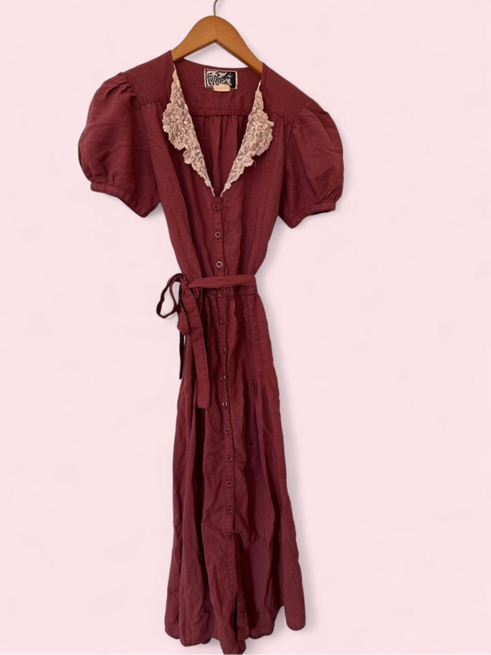 Button-Front Burgundy Maxi Dress with Lace Collar